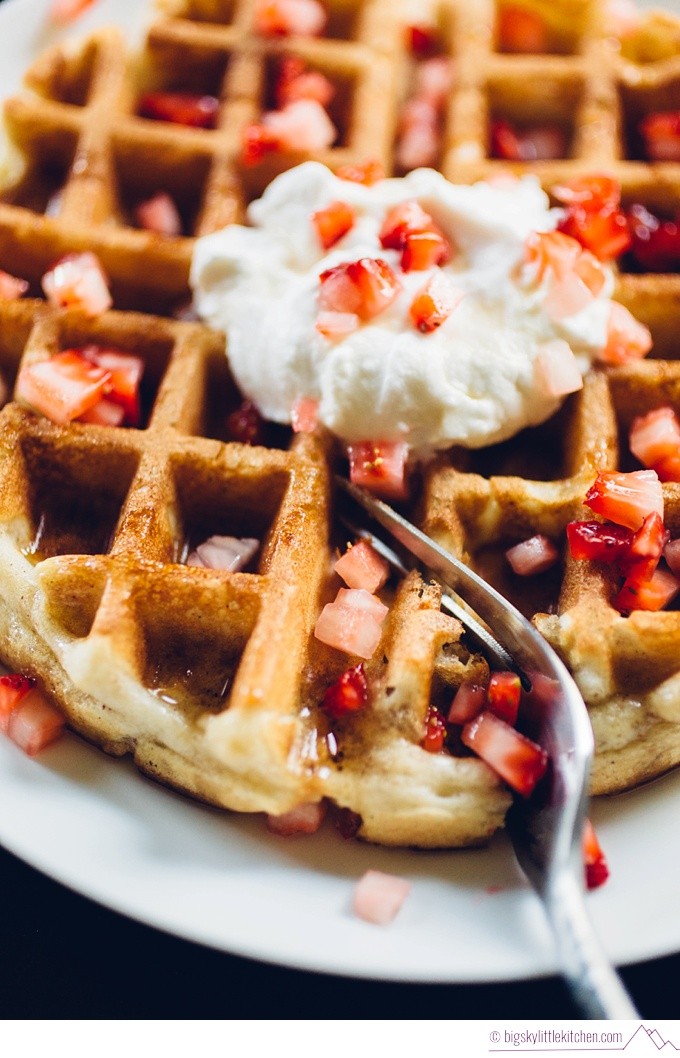 Waffles with Coconut Whipped Cream and Strawberries - Big Sky Little Kitchen