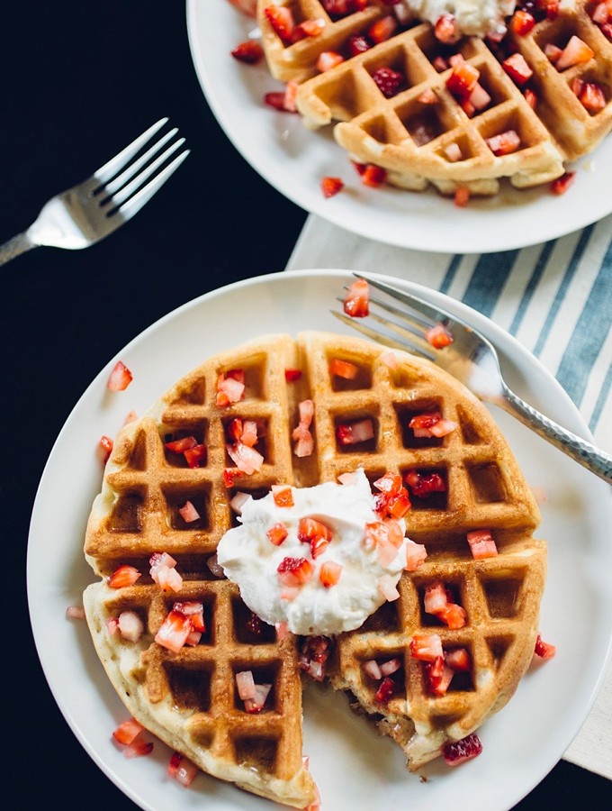 Belgian Waffles with Coconut Whipped Cream and Strawberries